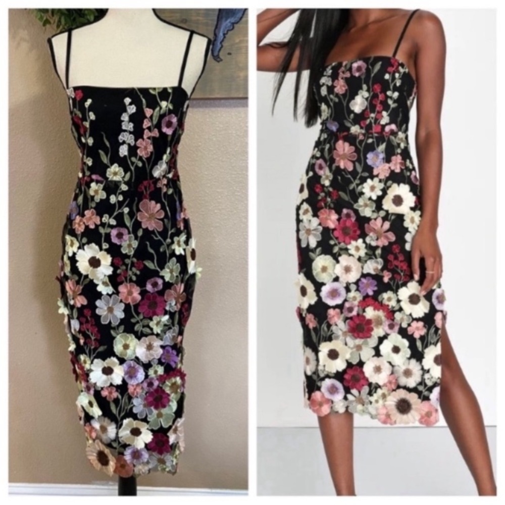 NWOT Lulus Thriving Energy Black 3D Floral Embroidered Lace-Up Midi Dress